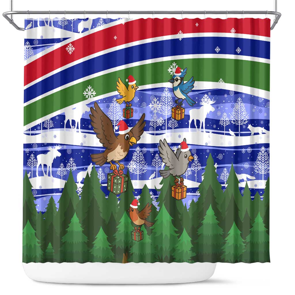 Gambia Christmas Shower Curtain with Santa Birds Gift Boxes Forest Scene and Snowflake Pattern Design - Wonder Print Shop