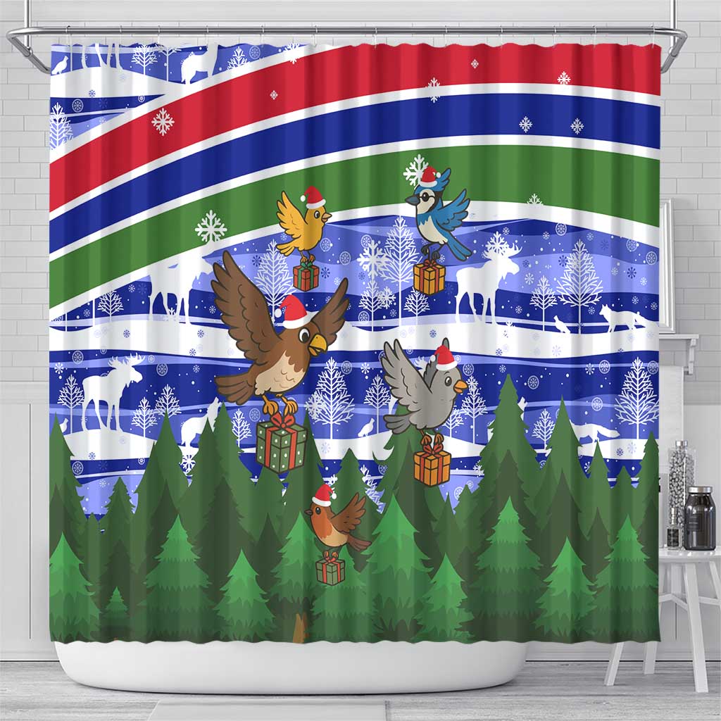 Gambia Christmas Shower Curtain with Santa Birds Gift Boxes Forest Scene and Snowflake Pattern Design - Wonder Print Shop