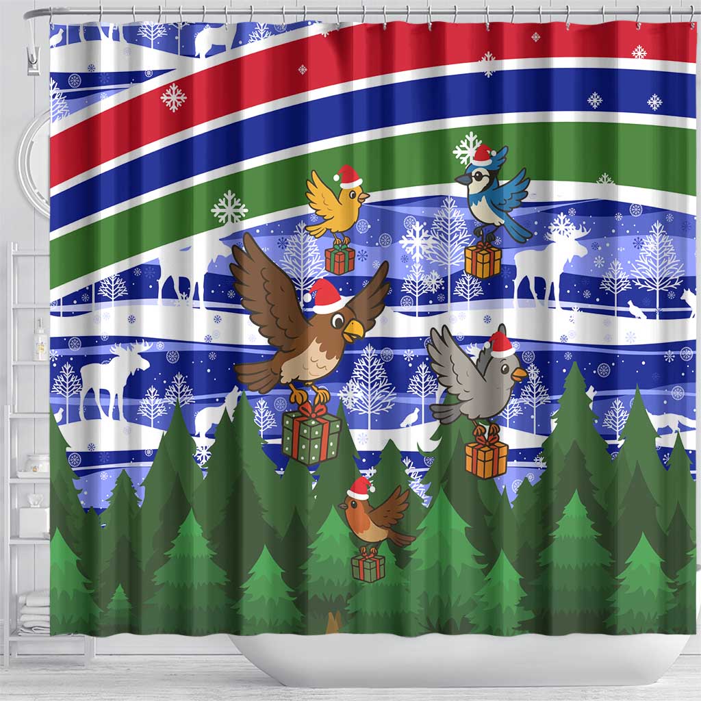 Gambia Christmas Shower Curtain with Santa Birds Gift Boxes Forest Scene and Snowflake Pattern Design - Wonder Print Shop