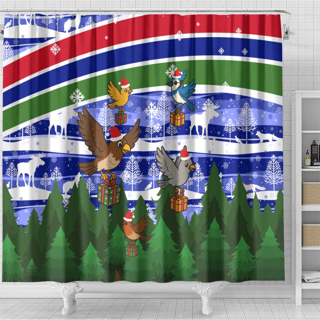 Gambia Christmas Shower Curtain with Santa Birds Gift Boxes Forest Scene and Snowflake Pattern Design - Wonder Print Shop