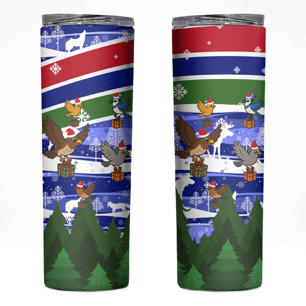 Gambia Christmas Skinny Tumbler with Santa Birds Gift Boxes Forest Scene and Snowflake Pattern Design - Wonder Print Shop