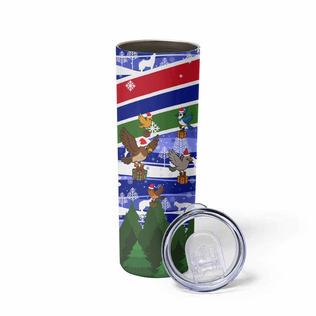 Gambia Christmas Skinny Tumbler with Santa Birds Gift Boxes Forest Scene and Snowflake Pattern Design - Wonder Print Shop