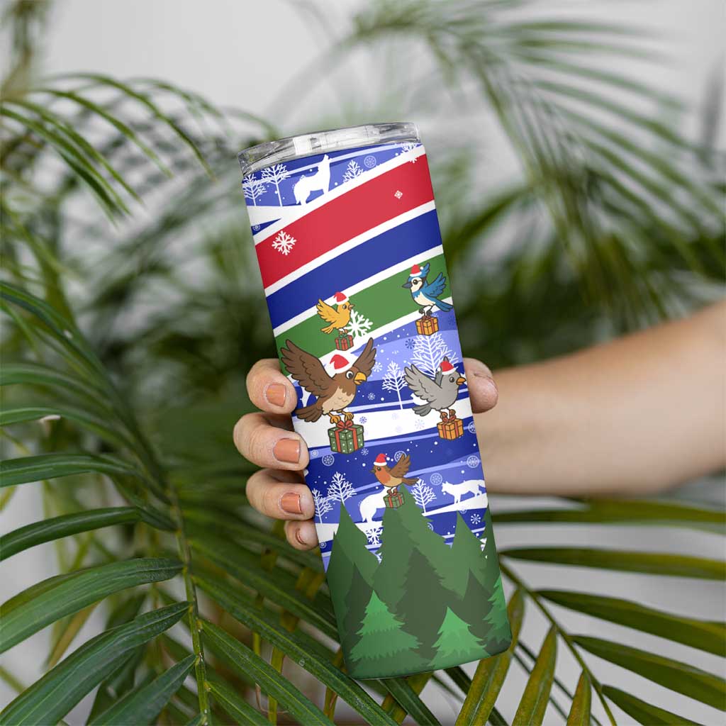 Gambia Christmas Skinny Tumbler with Santa Birds Gift Boxes Forest Scene and Snowflake Pattern Design - Wonder Print Shop