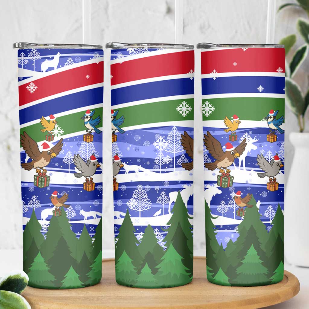 Gambia Christmas Skinny Tumbler with Santa Birds Gift Boxes Forest Scene and Snowflake Pattern Design - Wonder Print Shop