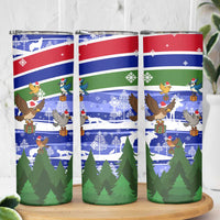 Gambia Christmas Skinny Tumbler with Santa Birds Gift Boxes Forest Scene and Snowflake Pattern Design - Wonder Print Shop