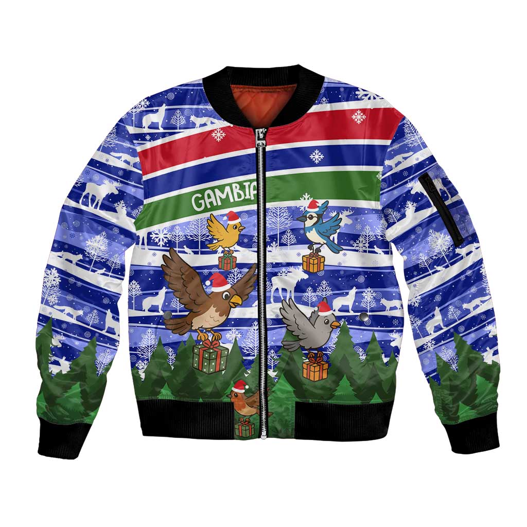 Gambia Christmas Sleeve Zip Bomber Jacket with Santa Birds Gift Boxes Forest Scene and Snowflake Pattern Design - Wonder Print Shop
