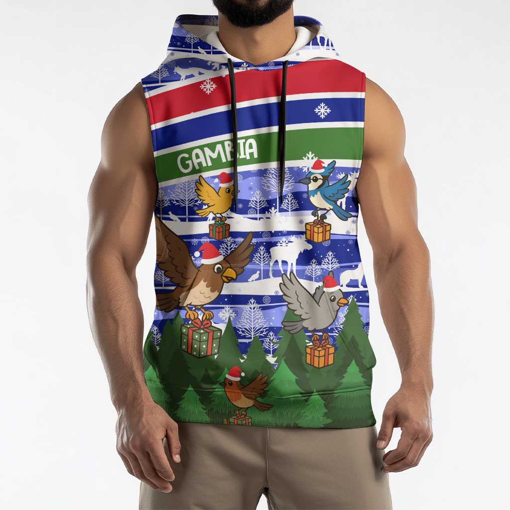 Gambia Christmas Sleeveless Hoodie with Santa Birds Gift Boxes Forest Scene and Snowflake Pattern Design - Wonder Print Shop