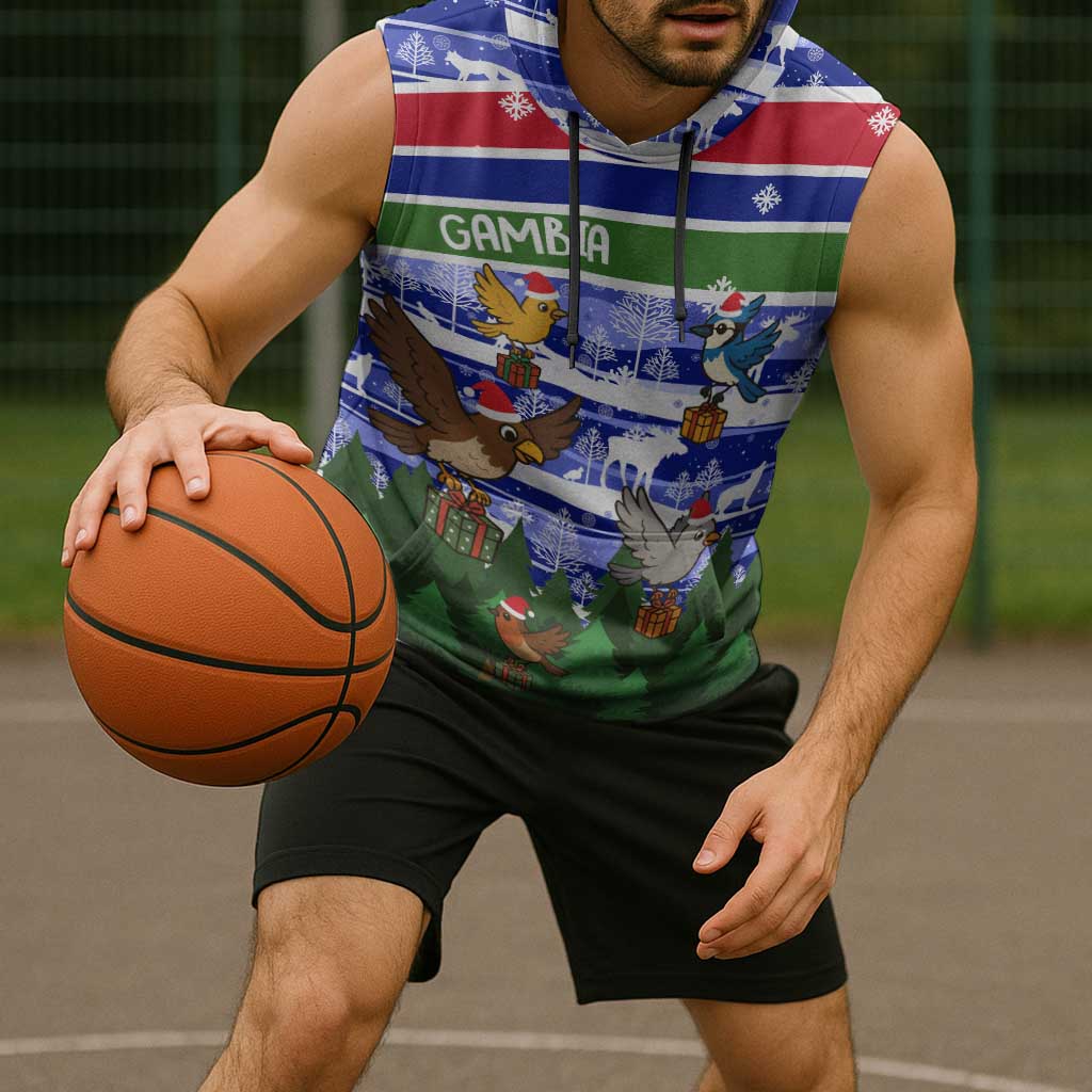 Gambia Christmas Sleeveless Hoodie with Santa Birds Gift Boxes Forest Scene and Snowflake Pattern Design - Wonder Print Shop