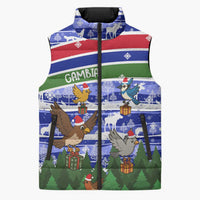 Gambia Christmas Sleeveless Puffer Jacket with Santa Birds Gift Boxes Forest Scene and Snowflake Pattern Design - Wonder Print Shop