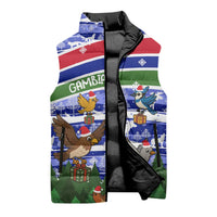 Gambia Christmas Sleeveless Puffer Jacket with Santa Birds Gift Boxes Forest Scene and Snowflake Pattern Design - Wonder Print Shop