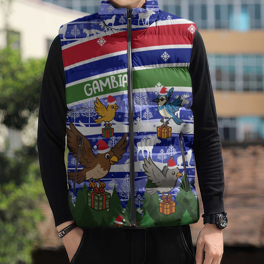 Gambia Christmas Sleeveless Puffer Jacket with Santa Birds Gift Boxes Forest Scene and Snowflake Pattern Design - Wonder Print Shop