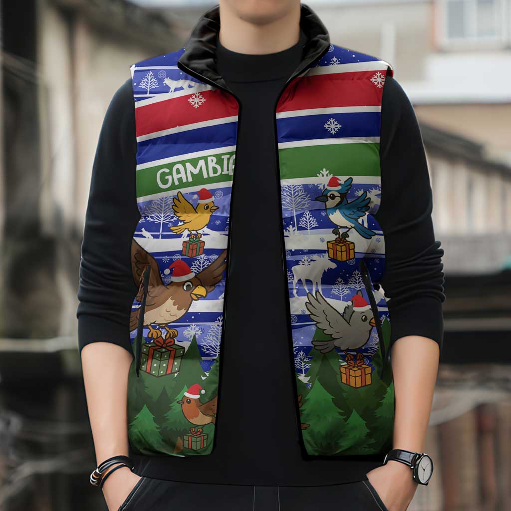 Gambia Christmas Sleeveless Puffer Jacket with Santa Birds Gift Boxes Forest Scene and Snowflake Pattern Design - Wonder Print Shop