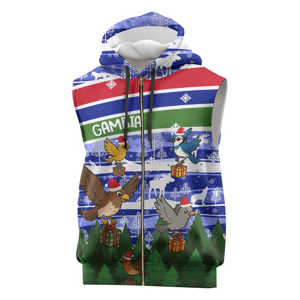 Gambia Christmas Sleeveless Zip Hoodie with Santa Birds Gift Boxes Forest Scene and Snowflake Pattern Design - Wonder Print Shop