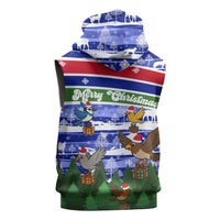 Gambia Christmas Sleeveless Zip Hoodie with Santa Birds Gift Boxes Forest Scene and Snowflake Pattern Design - Wonder Print Shop
