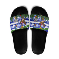 Gambia Christmas Slide Sandals with Santa Birds Gift Boxes Forest Scene and Snowflake Pattern Design - Wonder Print Shop