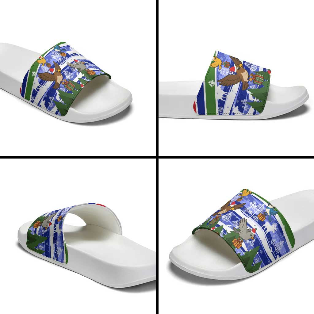 Gambia Christmas Slide Sandals with Santa Birds Gift Boxes Forest Scene and Snowflake Pattern Design - Wonder Print Shop