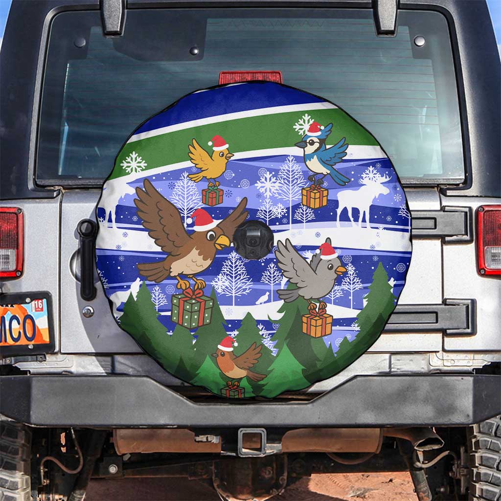 Gambia Christmas Spare Tire Cover with Santa Birds Gift Boxes Forest Scene and Snowflake Pattern Design - Wonder Print Shop