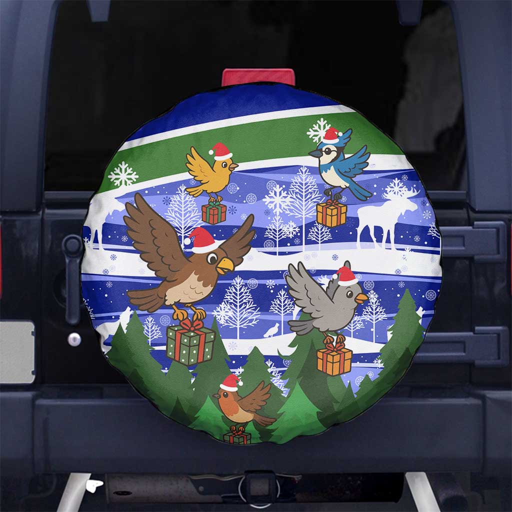 Gambia Christmas Spare Tire Cover with Santa Birds Gift Boxes Forest Scene and Snowflake Pattern Design - Wonder Print Shop