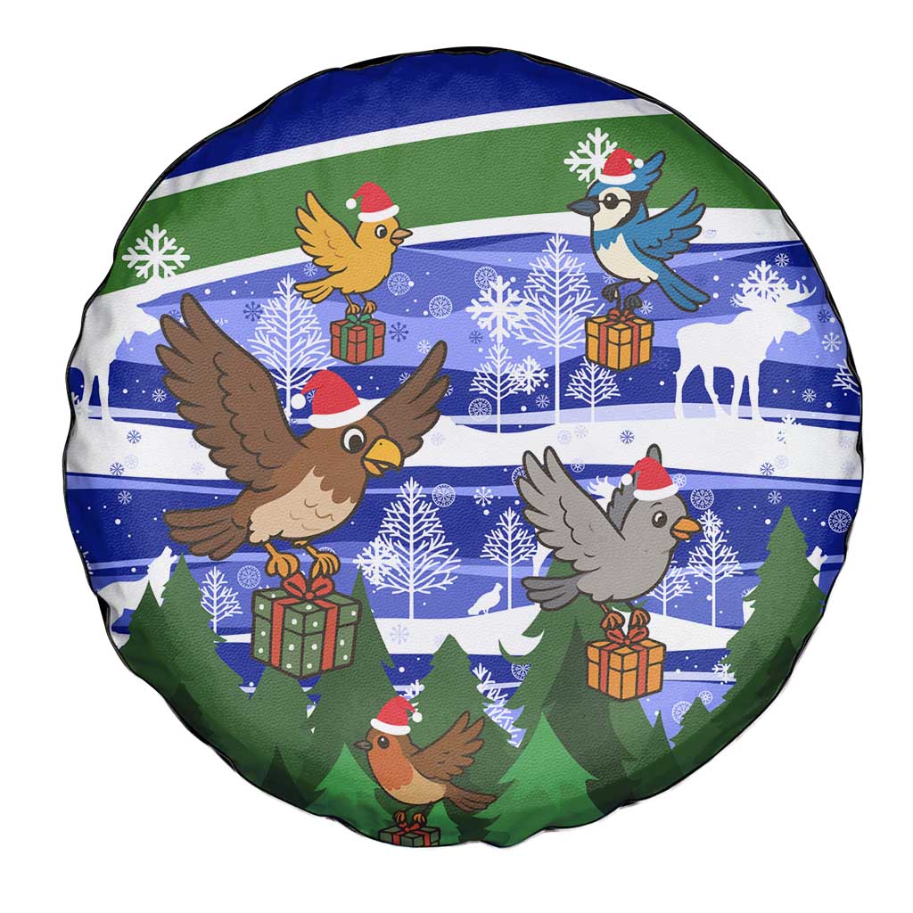 Gambia Christmas Spare Tire Cover with Santa Birds Gift Boxes Forest Scene and Snowflake Pattern Design - Wonder Print Shop