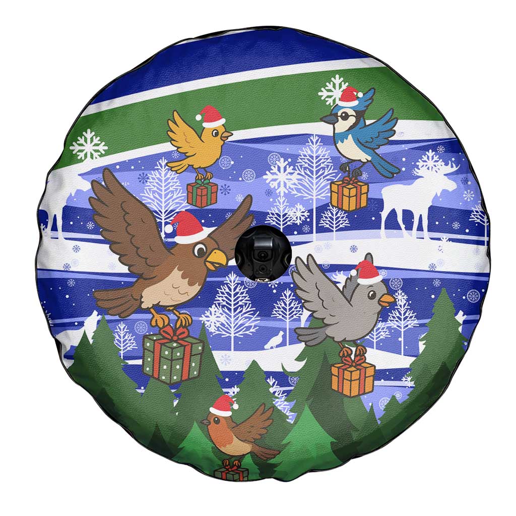Gambia Christmas Spare Tire Cover with Santa Birds Gift Boxes Forest Scene and Snowflake Pattern Design - Wonder Print Shop