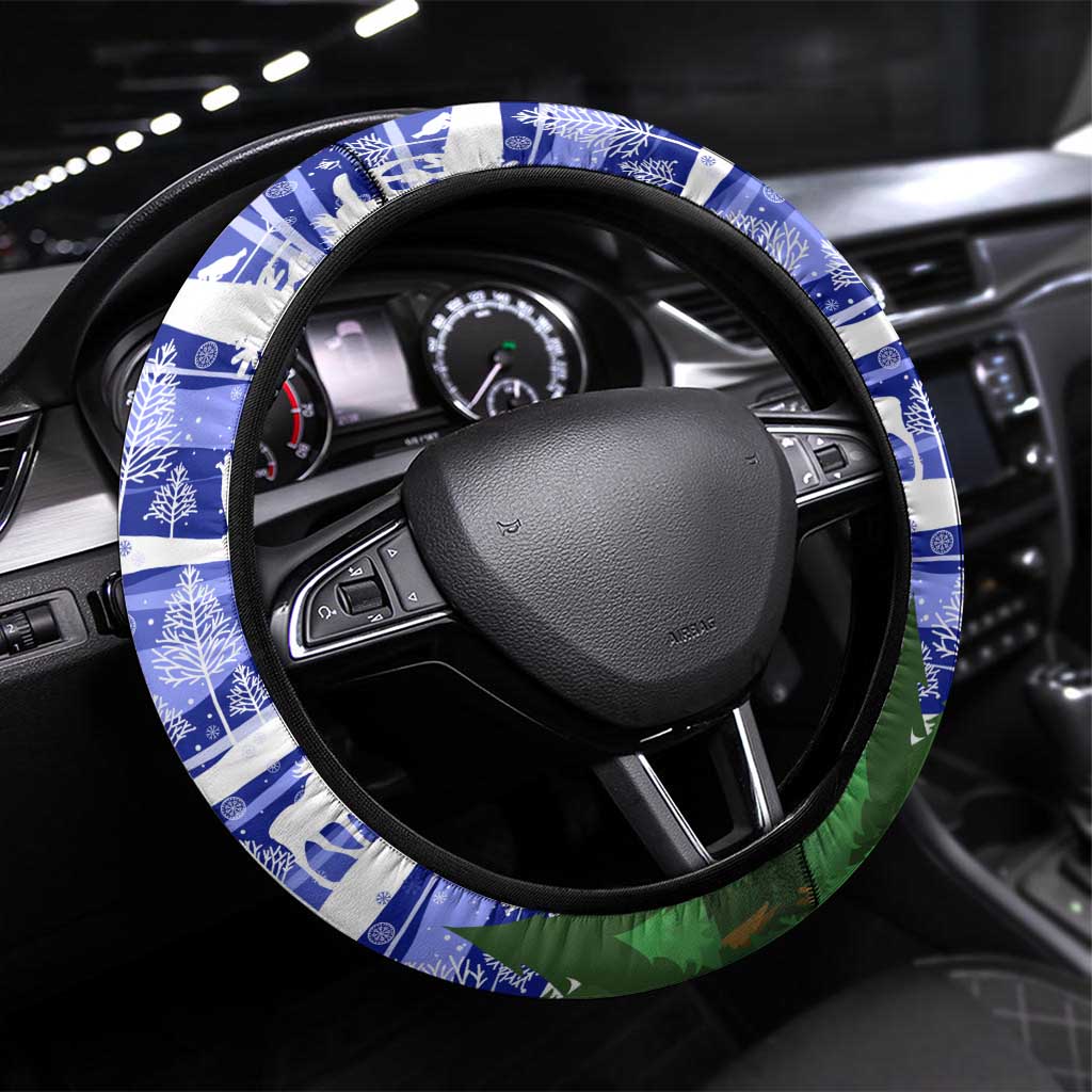 Gambia Christmas Steering Wheel Cover with Santa Birds Gift Boxes Forest Scene and Snowflake Pattern Design - Wonder Print Shop