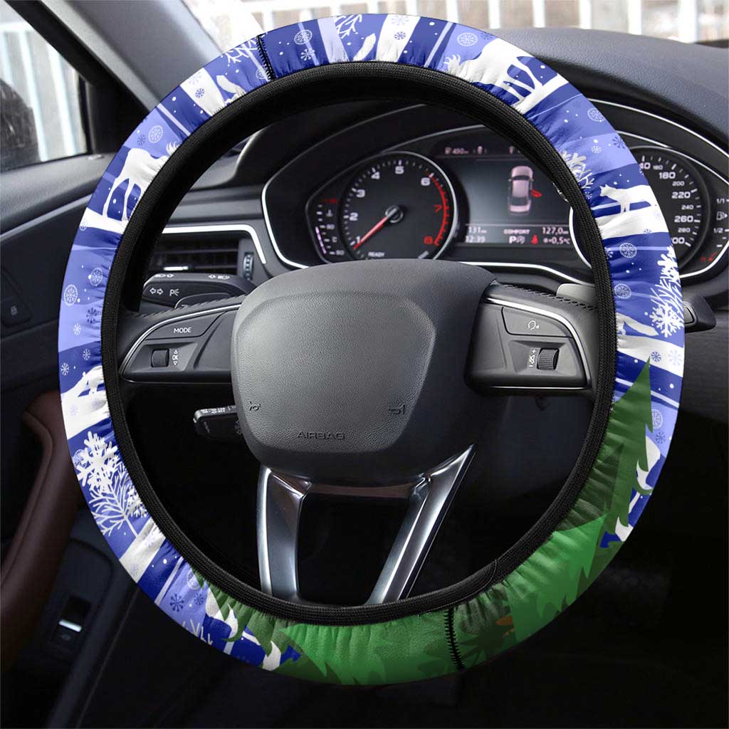 Gambia Christmas Steering Wheel Cover with Santa Birds Gift Boxes Forest Scene and Snowflake Pattern Design - Wonder Print Shop