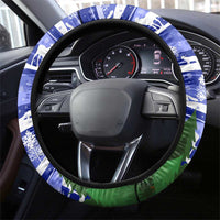 Gambia Christmas Steering Wheel Cover with Santa Birds Gift Boxes Forest Scene and Snowflake Pattern Design - Wonder Print Shop