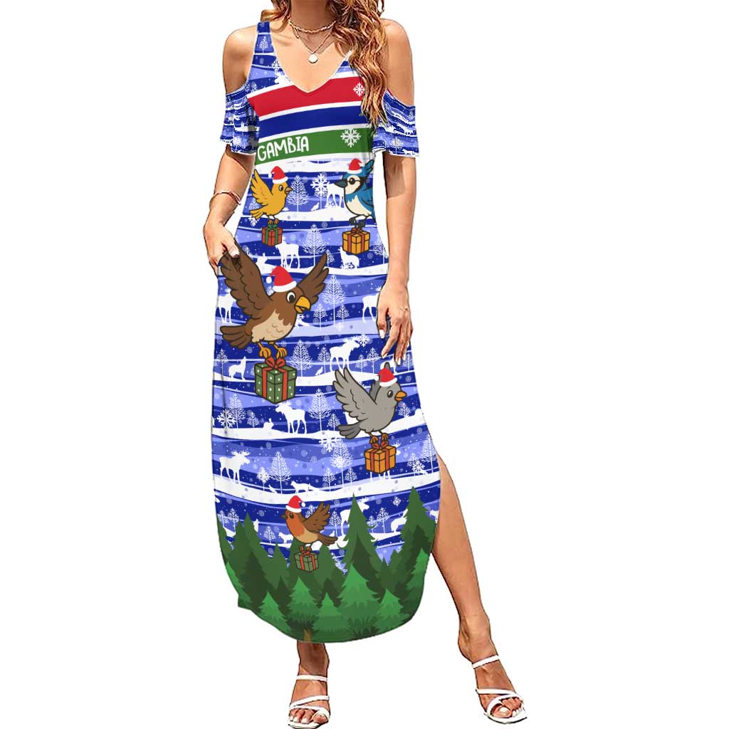Gambia Christmas Summer Maxi Dress with Santa Birds Gift Boxes Forest Scene and Snowflake Pattern Design - Wonder Print Shop