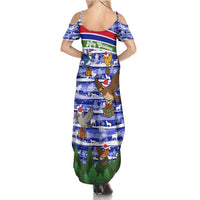 Gambia Christmas Summer Maxi Dress with Santa Birds Gift Boxes Forest Scene and Snowflake Pattern Design - Wonder Print Shop