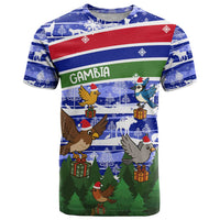 Gambia Christmas T Shirt with Santa Birds Gift Boxes Forest Scene and Snowflake Pattern Design - Wonder Print Shop