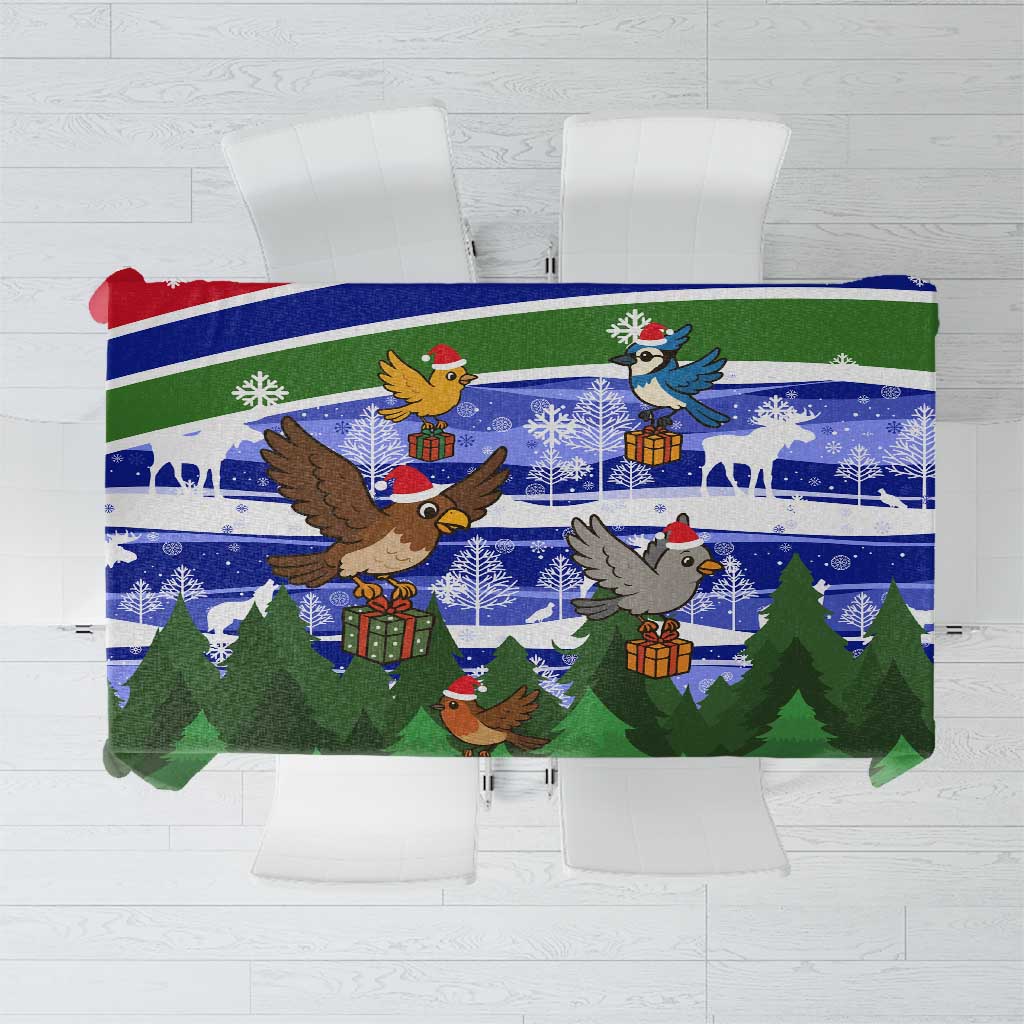 Gambia Christmas Tablecloth with Santa Birds Gift Boxes Forest Scene and Snowflake Pattern Design - Wonder Print Shop