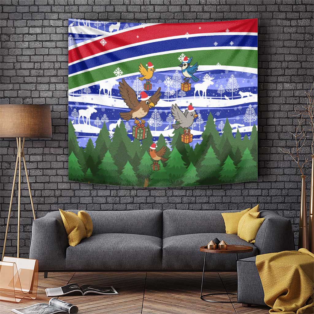 Gambia Christmas Tapestry with Santa Birds Gift Boxes Forest Scene and Snowflake Pattern Design - Wonder Print Shop