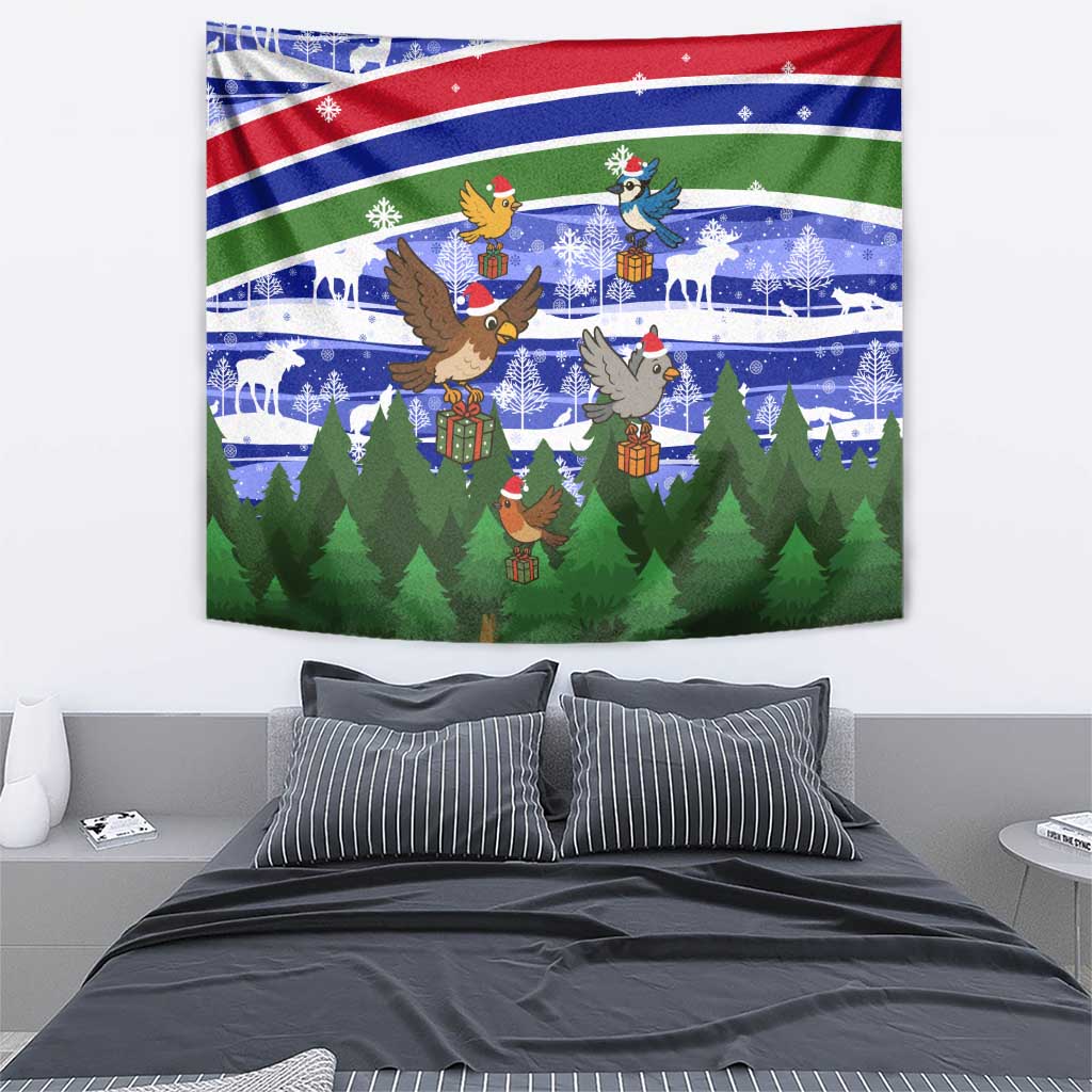Gambia Christmas Tapestry with Santa Birds Gift Boxes Forest Scene and Snowflake Pattern Design - Wonder Print Shop