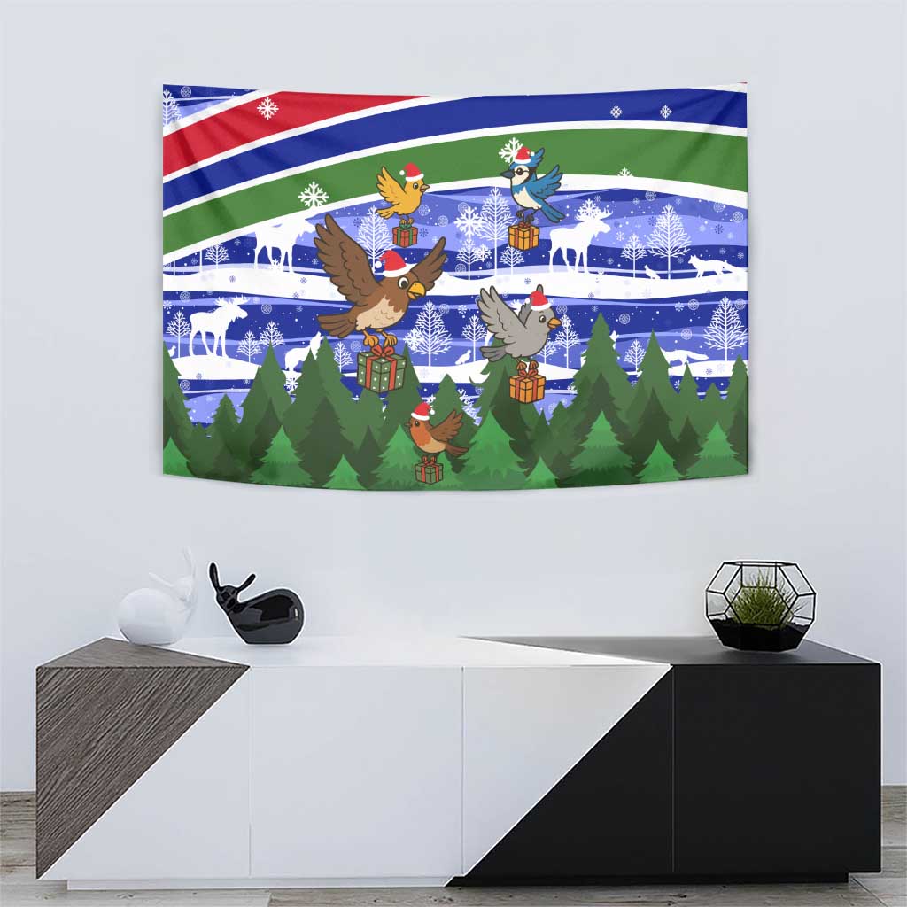Gambia Christmas Tapestry with Santa Birds Gift Boxes Forest Scene and Snowflake Pattern Design - Wonder Print Shop