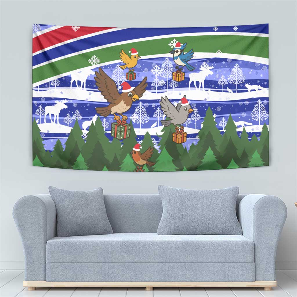 Gambia Christmas Tapestry with Santa Birds Gift Boxes Forest Scene and Snowflake Pattern Design - Wonder Print Shop