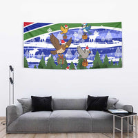 Gambia Christmas Tapestry with Santa Birds Gift Boxes Forest Scene and Snowflake Pattern Design - Wonder Print Shop