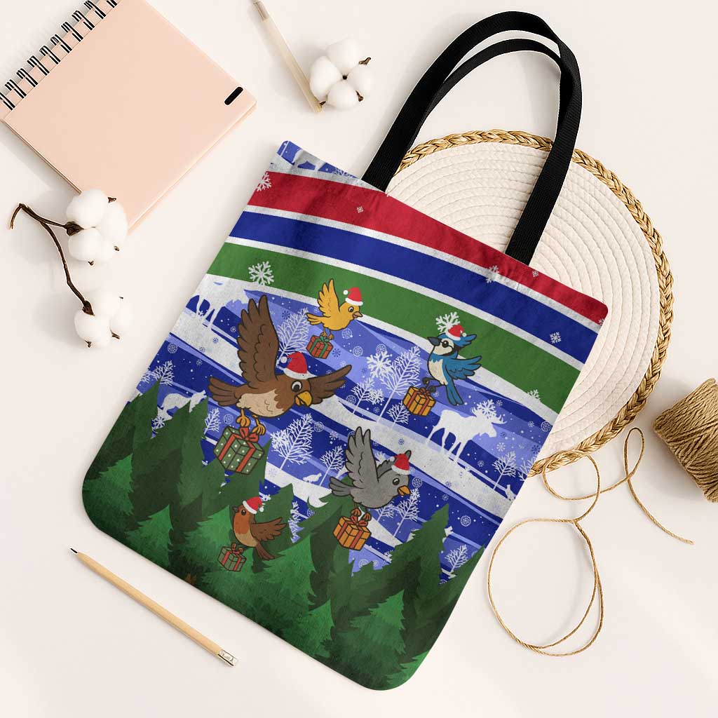 Gambia Christmas Tote Bag with Santa Birds Gift Boxes Forest Scene and Snowflake Pattern Design - Wonder Print Shop