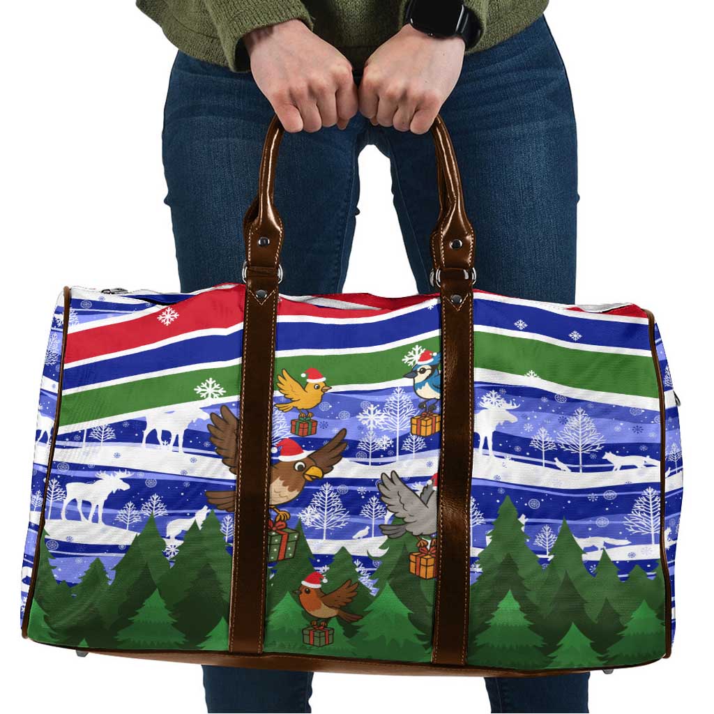 Gambia Christmas Travel Bag with Santa Birds Gift Boxes Forest Scene and Snowflake Pattern Design - Wonder Print Shop