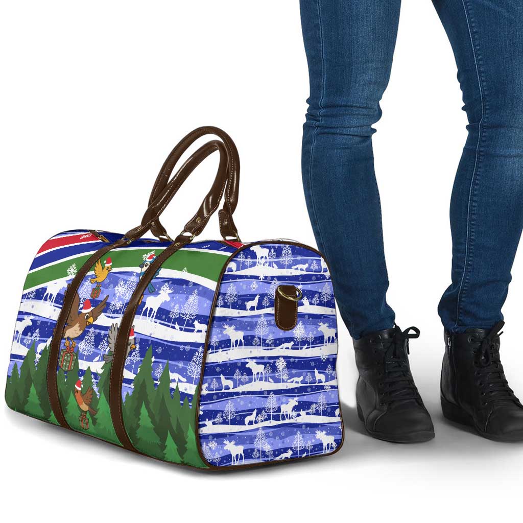 Gambia Christmas Travel Bag with Santa Birds Gift Boxes Forest Scene and Snowflake Pattern Design - Wonder Print Shop
