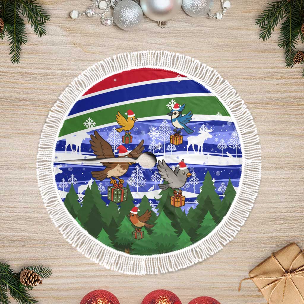 Gambia Christmas Tree Skirt with Santa Birds Gift Boxes Forest Scene and Snowflake Pattern Design - Wonder Print Shop