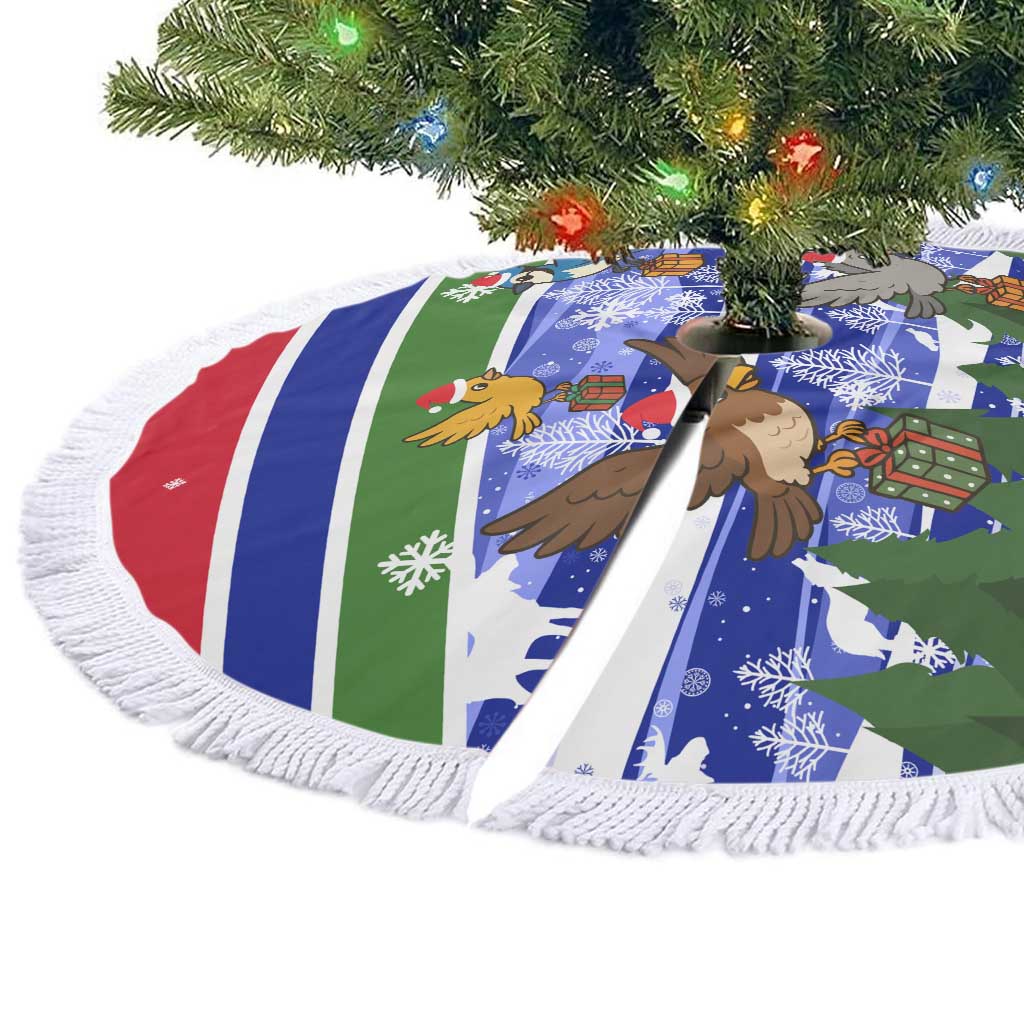 Gambia Christmas Tree Skirt with Santa Birds Gift Boxes Forest Scene and Snowflake Pattern Design - Wonder Print Shop