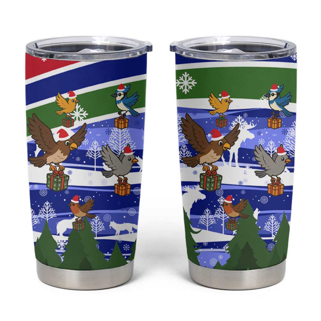 Gambia Christmas Tumbler Cup with Santa Birds Gift Boxes Forest Scene and Snowflake Pattern Design - Wonder Print Shop