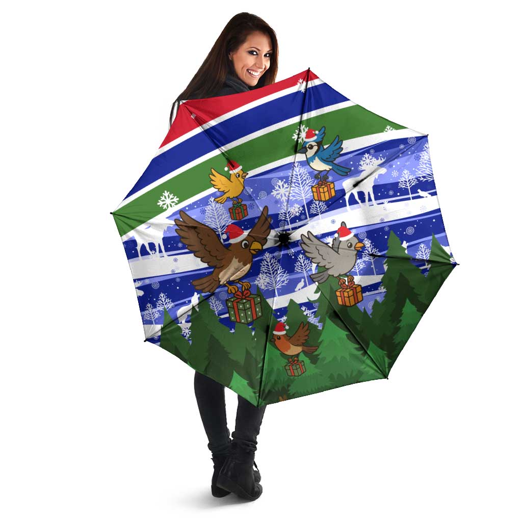 Gambia Christmas Umbrella with Santa Birds Gift Boxes Forest Scene and Snowflake Pattern Design - Wonder Print Shop