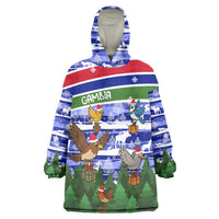 Gambia Christmas Wearable Blanket Hoodie with Santa Birds Gift Boxes Forest Scene and Snowflake Pattern Design - Wonder Print Shop