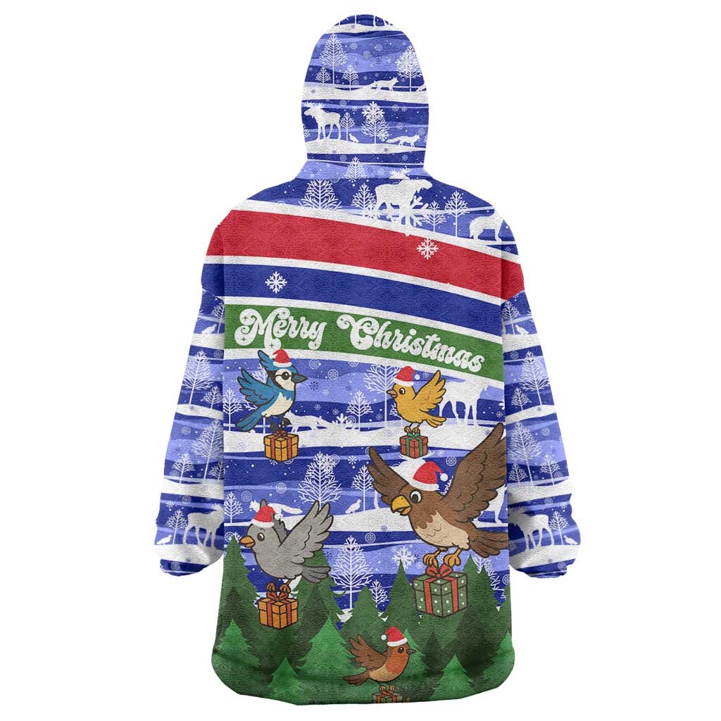 Gambia Christmas Wearable Blanket Hoodie with Santa Birds Gift Boxes Forest Scene and Snowflake Pattern Design - Wonder Print Shop