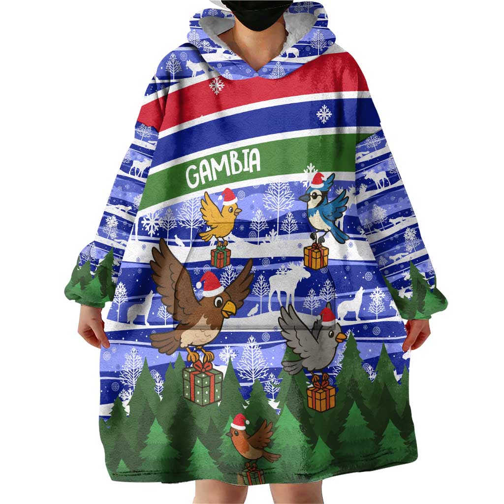 Gambia Christmas Wearable Blanket Hoodie with Santa Birds Gift Boxes Forest Scene and Snowflake Pattern Design - Wonder Print Shop
