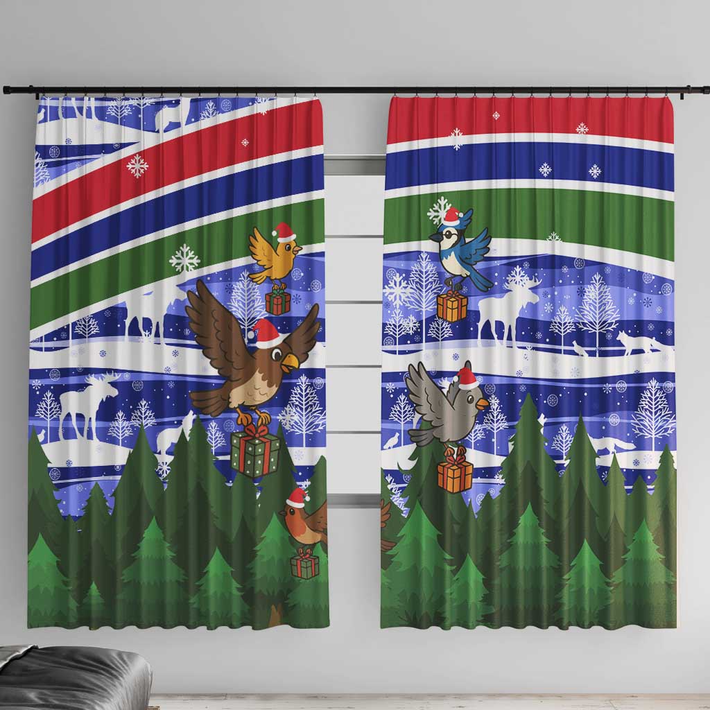 Gambia Christmas Window Curtain with Santa Birds Gift Boxes Forest Scene and Snowflake Pattern Design - Wonder Print Shop