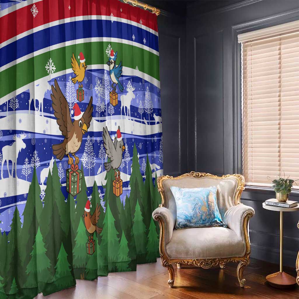Gambia Christmas Window Curtain with Santa Birds Gift Boxes Forest Scene and Snowflake Pattern Design - Wonder Print Shop