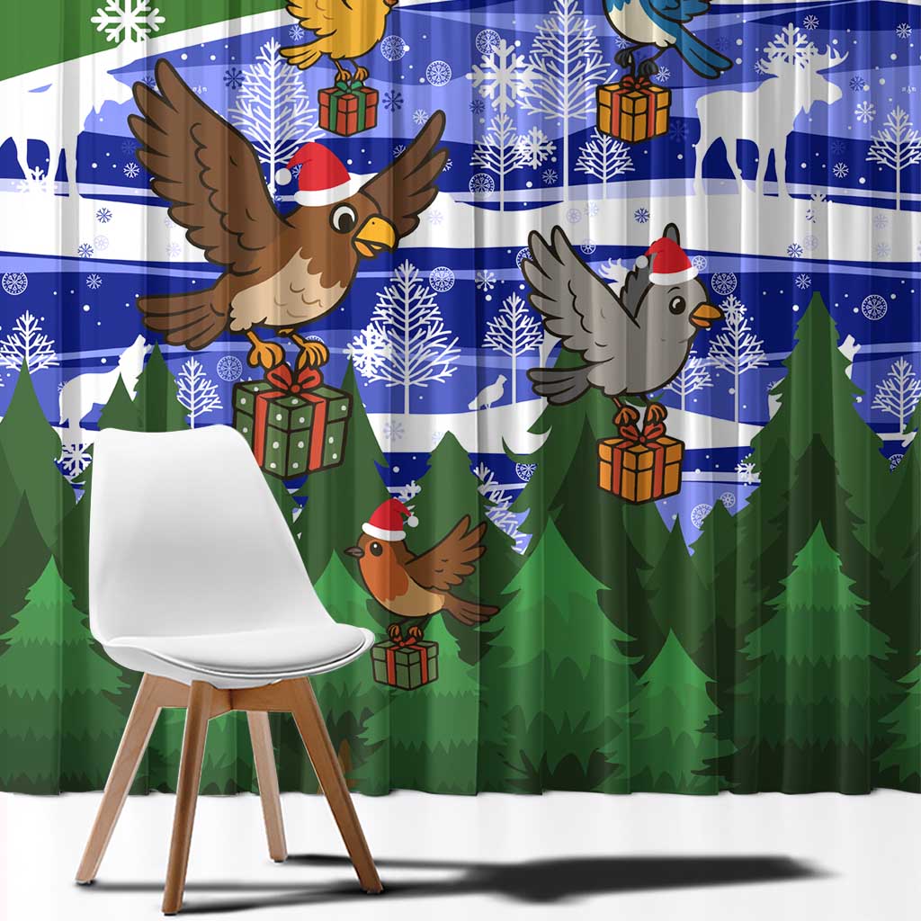 Gambia Christmas Window Curtain with Santa Birds Gift Boxes Forest Scene and Snowflake Pattern Design - Wonder Print Shop