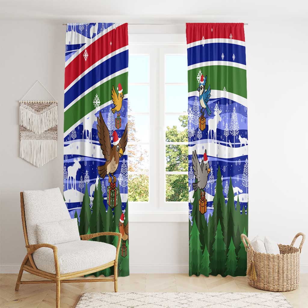 Gambia Christmas Window Curtain with Santa Birds Gift Boxes Forest Scene and Snowflake Pattern Design - Wonder Print Shop